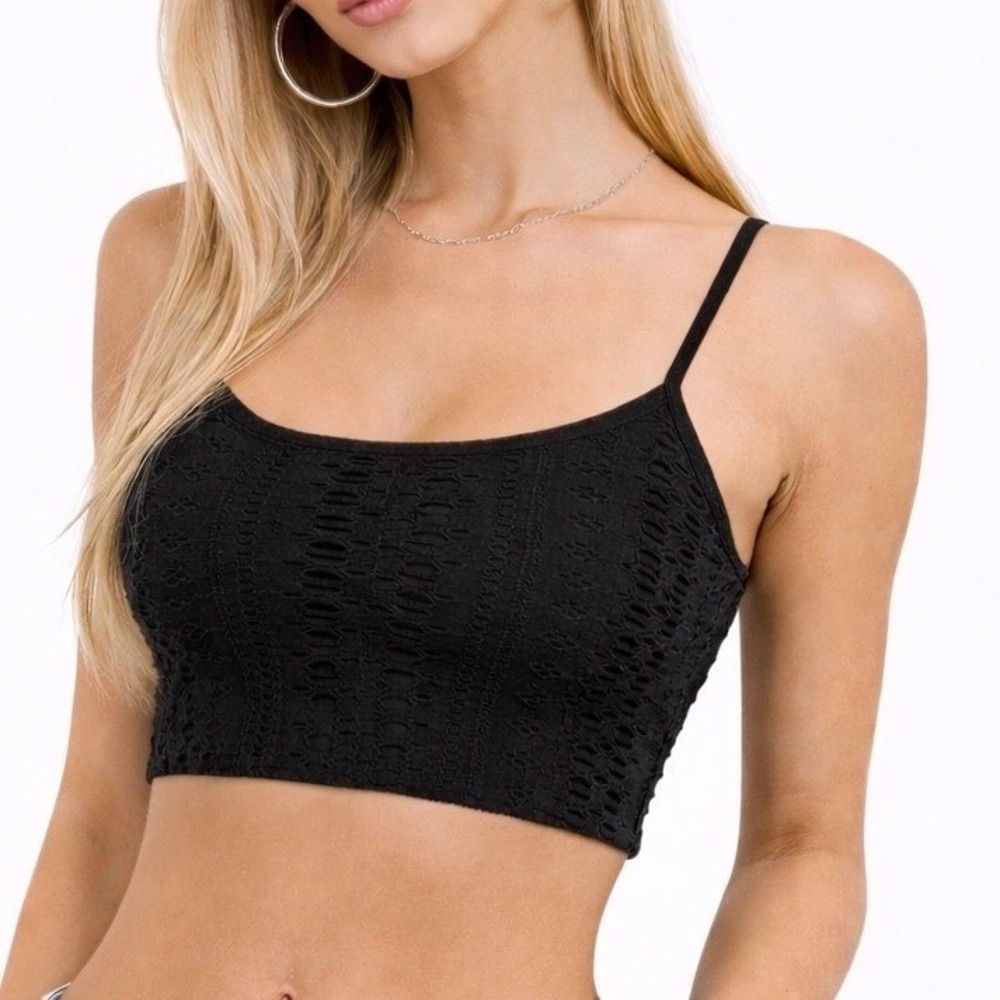 Full Tilt Black Pointelle Seamless Crop Top One Size NWT